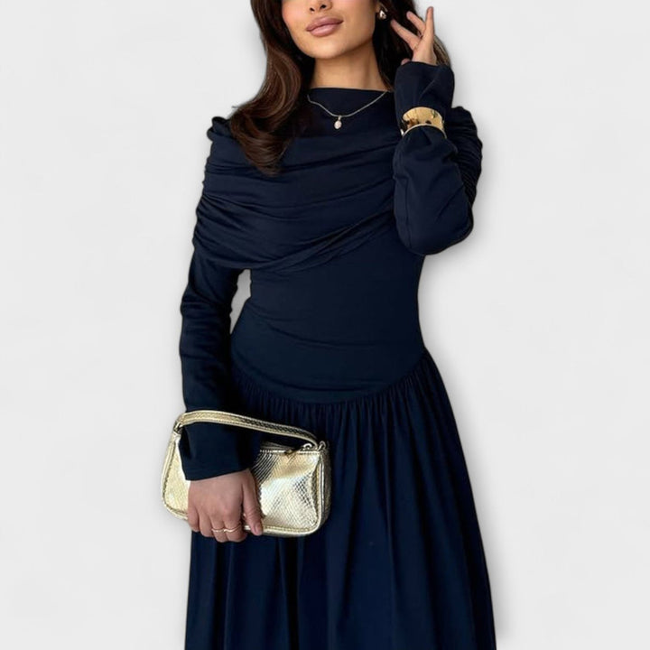Women's Relaxed Pleated Long-Sleeve Flared Maxi Dress