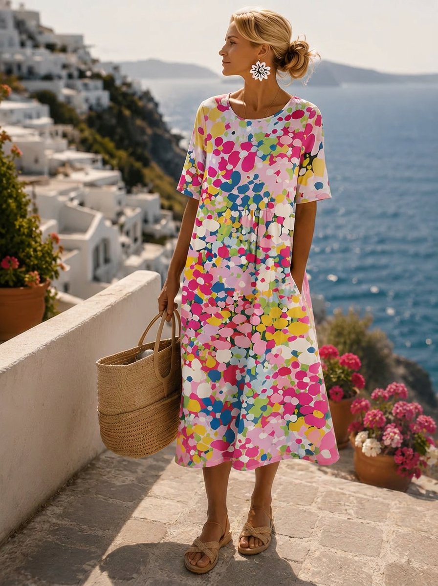Women's Relaxed Short-Sleeve Floral Print Midi Dress - Pink