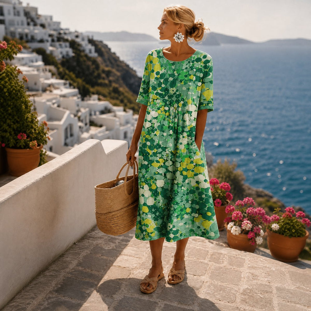 Women's Relaxed Short-Sleeve Floral Print Midi Dress - Green