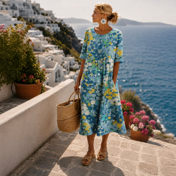 Women's Relaxed Short-Sleeve Floral Print Midi Dress - Blue