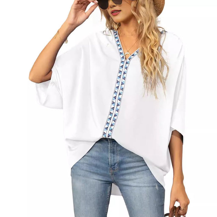 Women's Relaxed V-Neck Geometric Trim Tunic Top