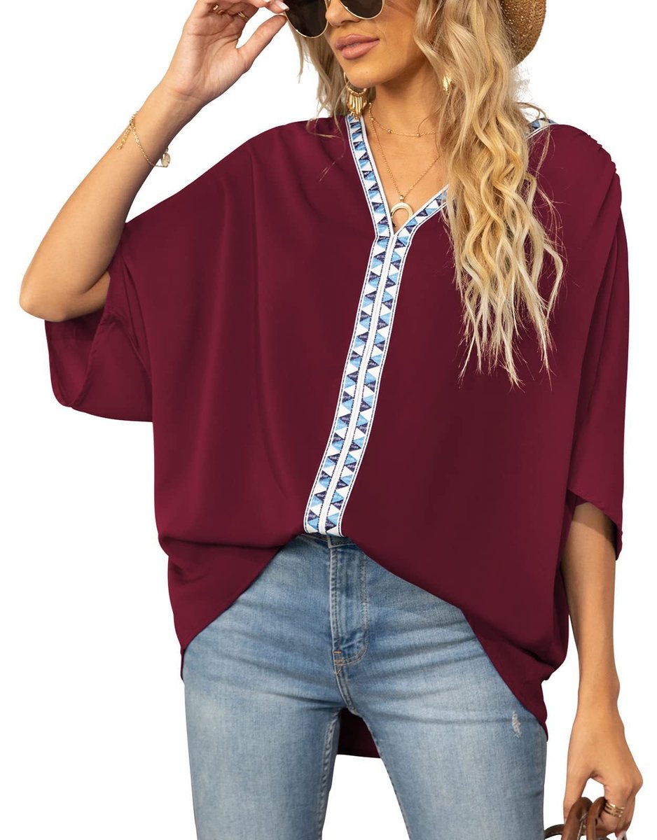 Women's Relaxed V-Neck Geometric Trim Tunic Top - Yellow