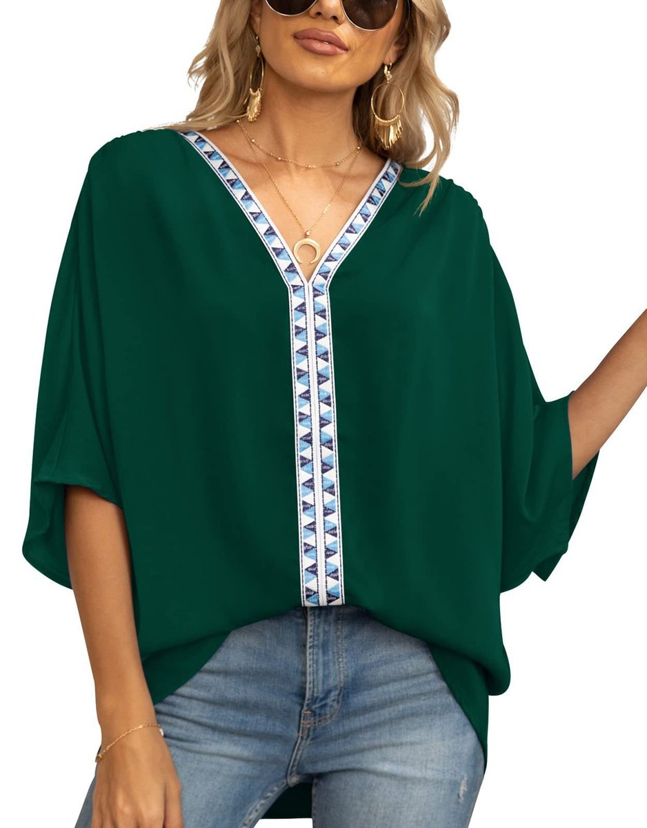 Women's Relaxed V-Neck Geometric Trim Tunic Top - Dark Green