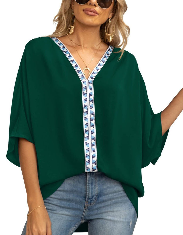 Women's Relaxed V-Neck Geometric Trim Tunic Top - Dark Green