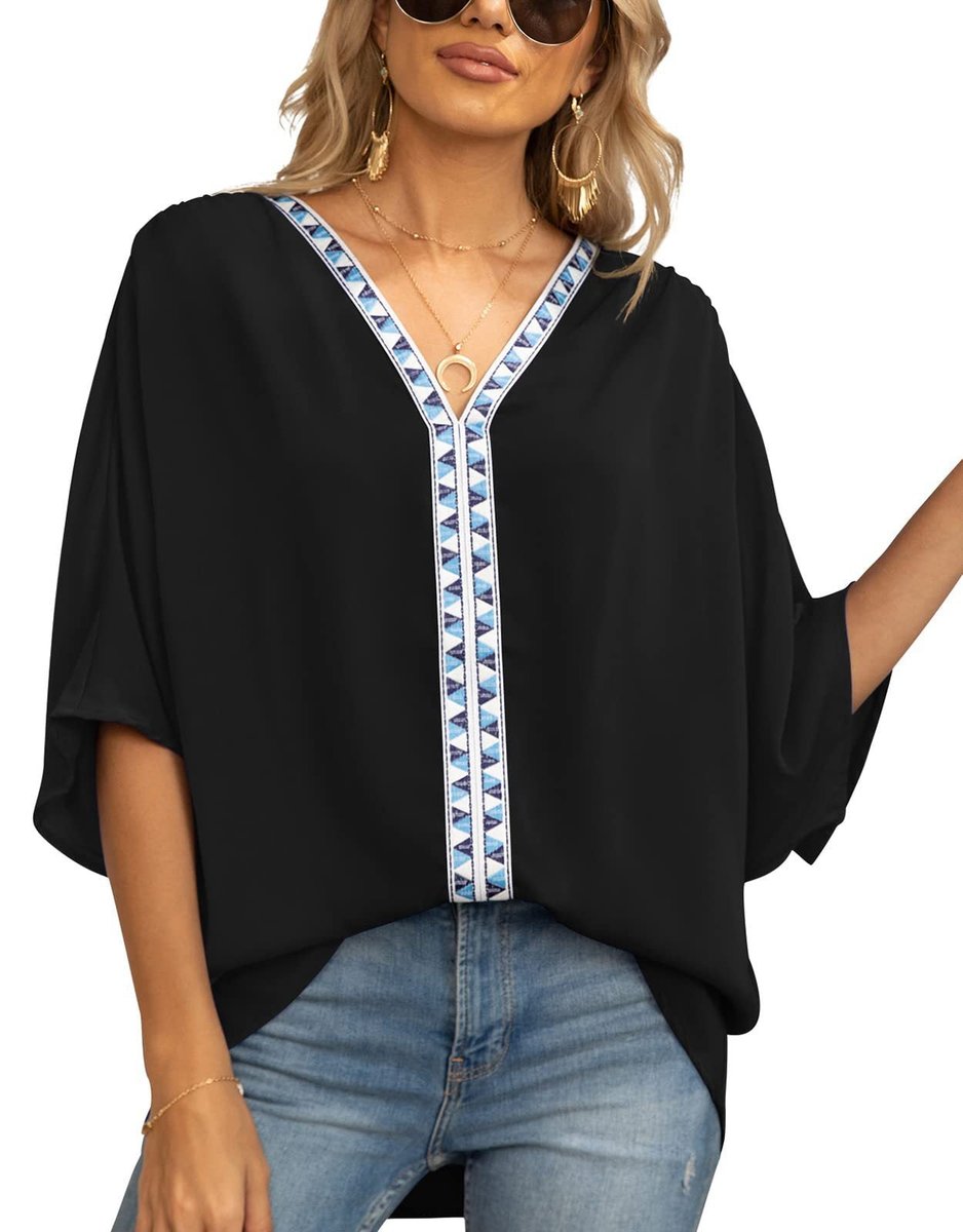 Women's Relaxed V-Neck Geometric Trim Tunic Top - Black