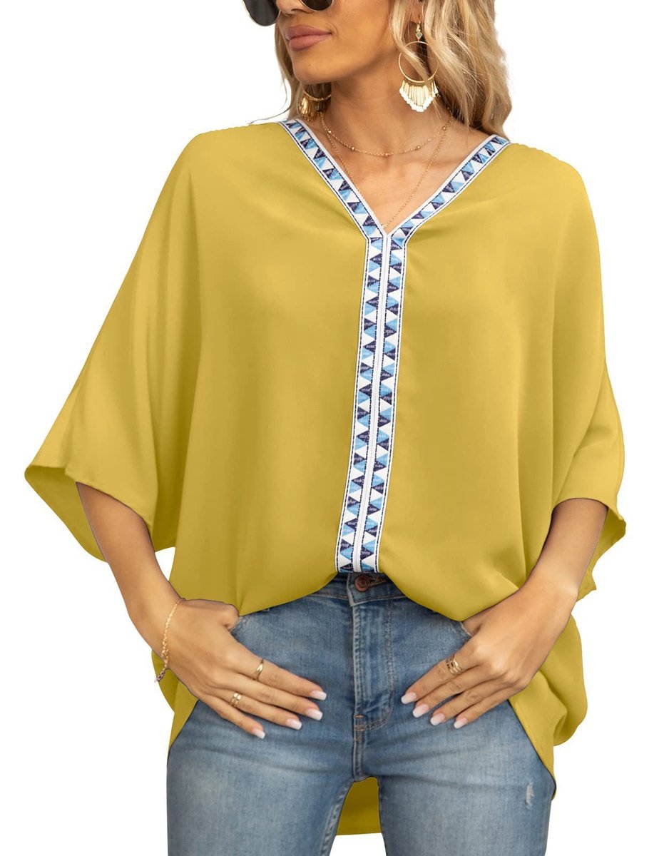 Women's Relaxed V-Neck Geometric Trim Tunic Top - Floral