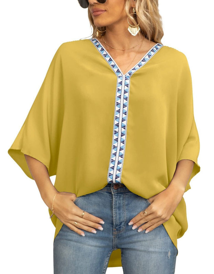 Women's Relaxed V-Neck Geometric Trim Tunic Top - Floral