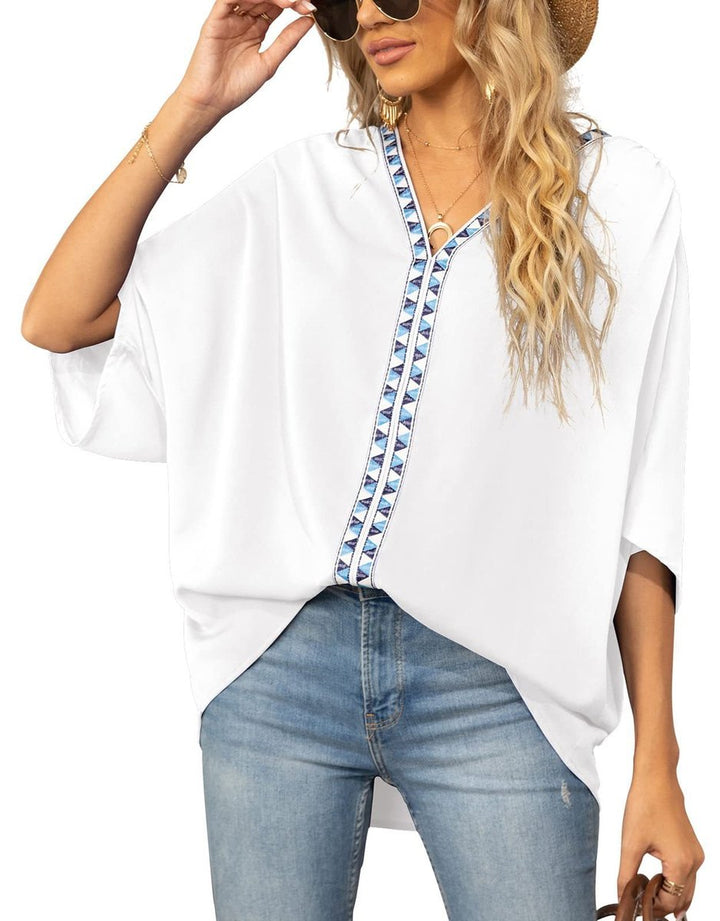 Women's Relaxed V-Neck Geometric Trim Tunic Top - White