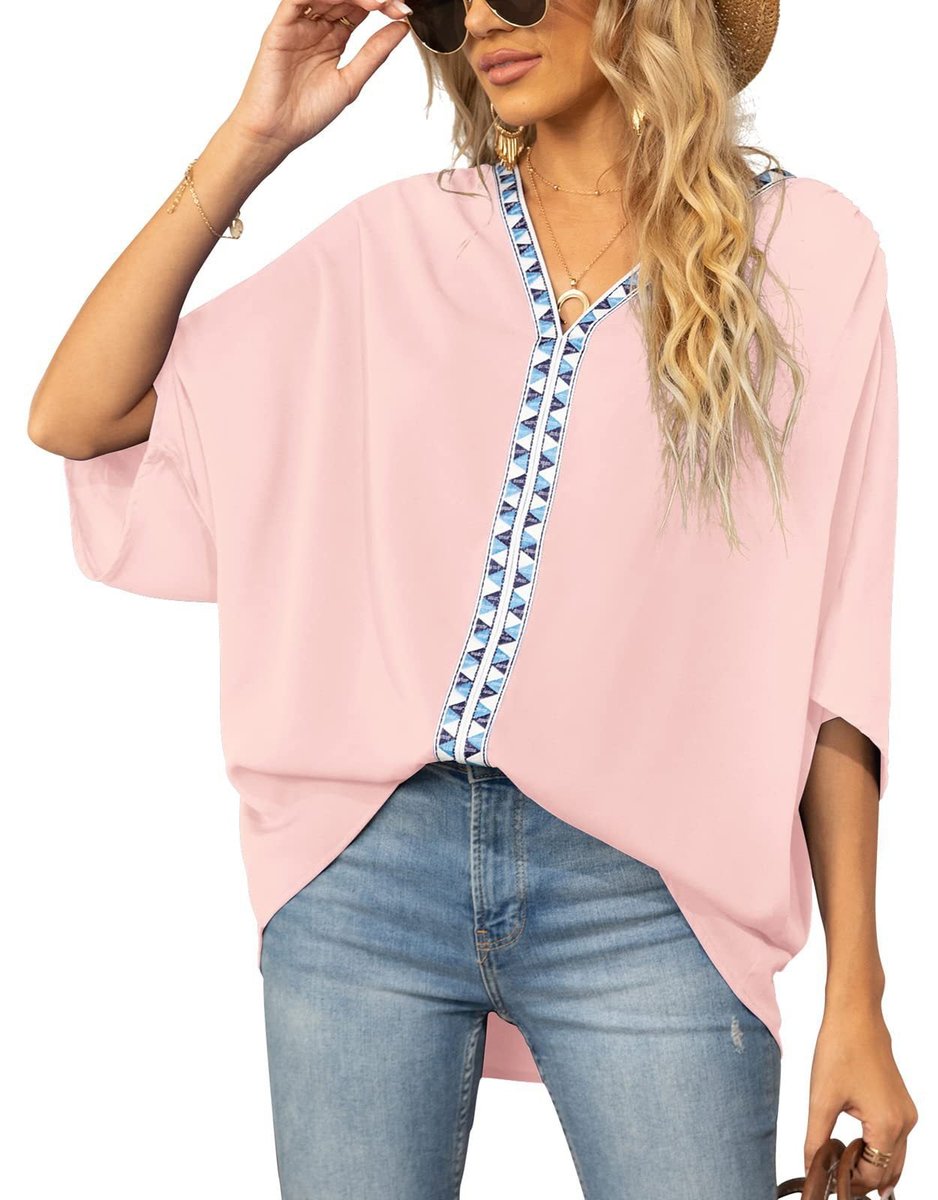 Women's Relaxed V-Neck Geometric Trim Tunic Top - Pink