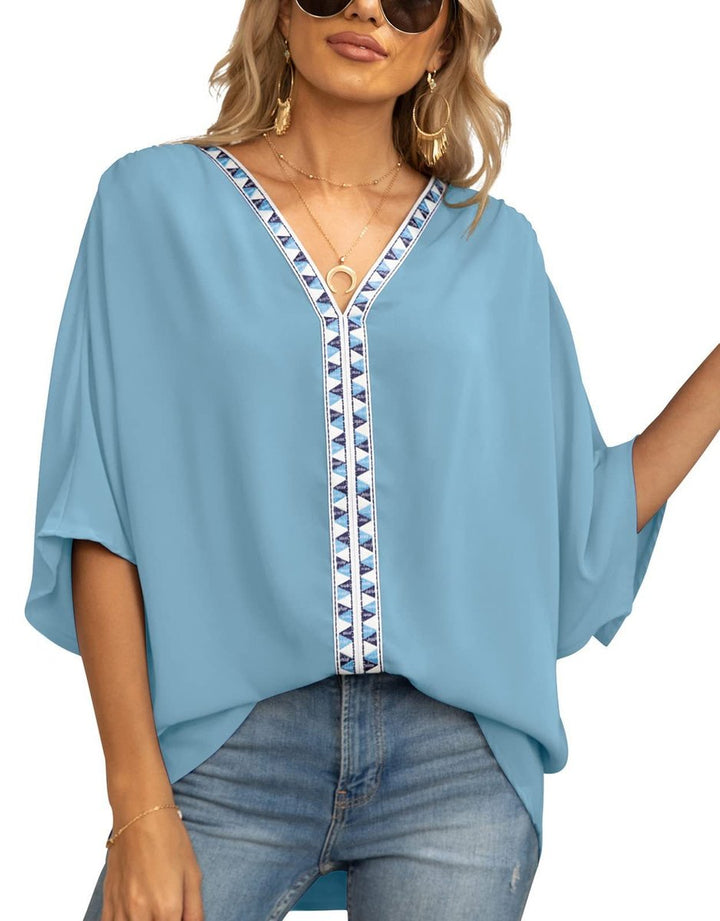Women's Relaxed V-Neck Geometric Trim Tunic Top - Dark Blue