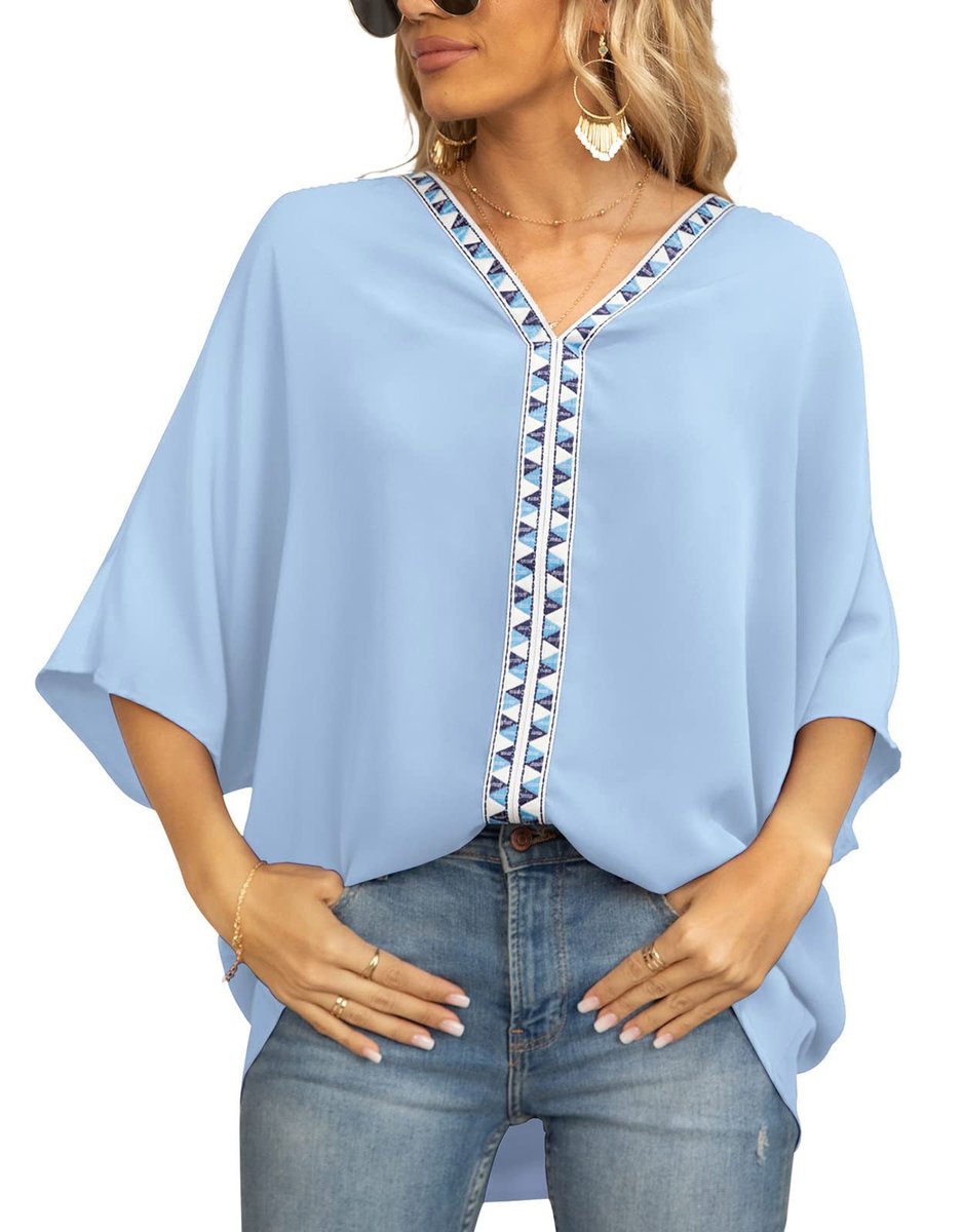 Women's Relaxed V-Neck Geometric Trim Tunic Top - Light Blue