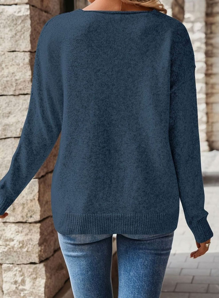 Women's Relaxed V-Neck Pointelle Knit Drop-Shoulder Sweater