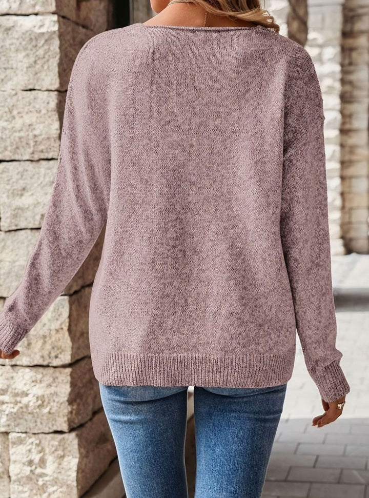 Women's Relaxed V-Neck Pointelle Knit Drop-Shoulder Sweater