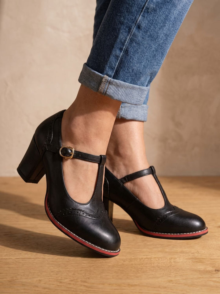 Women's Retro Brogue T-Bar Block Heel Pumps, Black