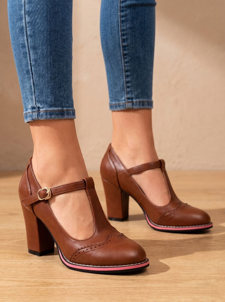 Women's Retro Brogue T-Bar Block Heel Pumps, Black - Brown