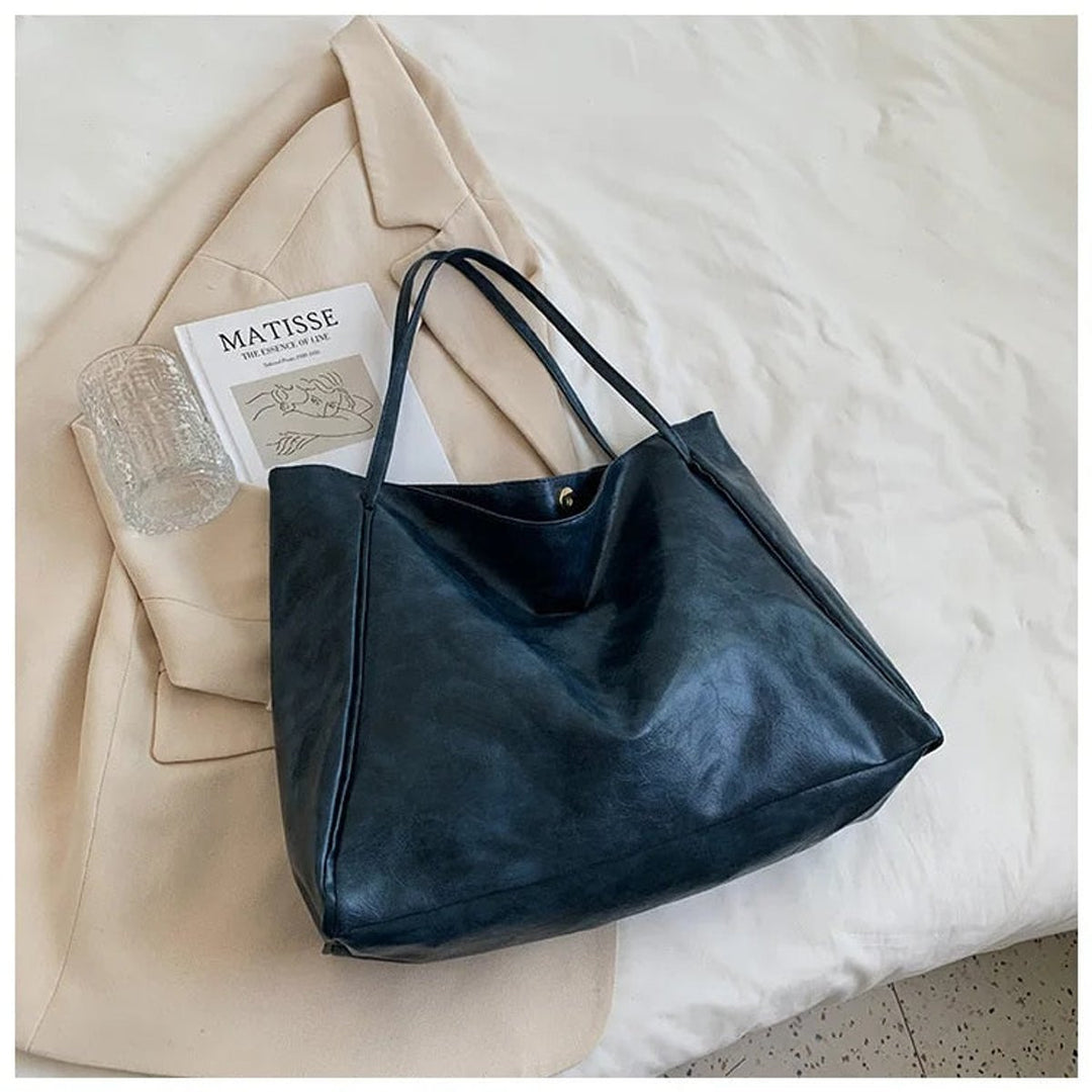 Women's Retro Large Faux Leather Shoulder Tote Bag - Blue