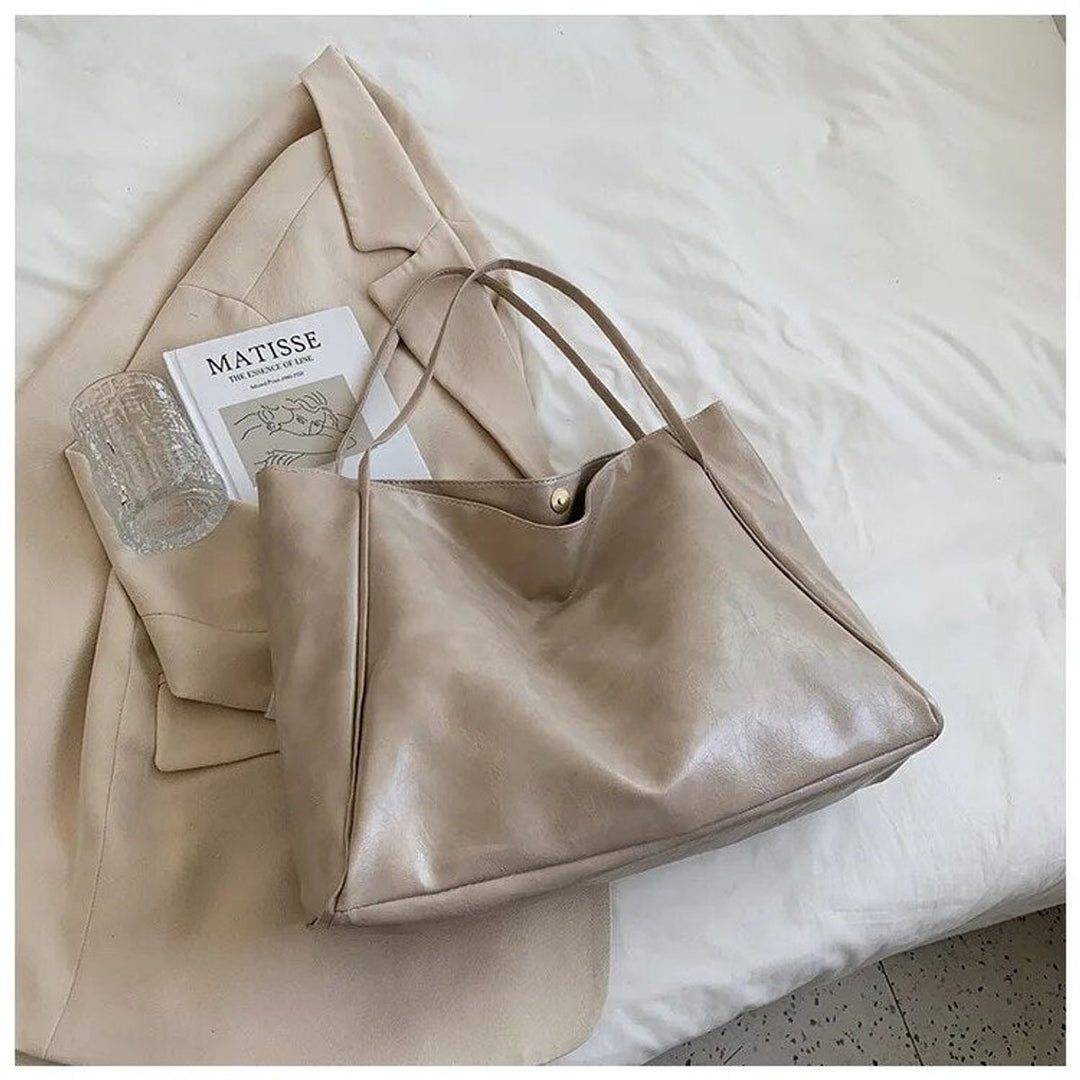 Women's Retro Large Faux Leather Shoulder Tote Bag - Beige