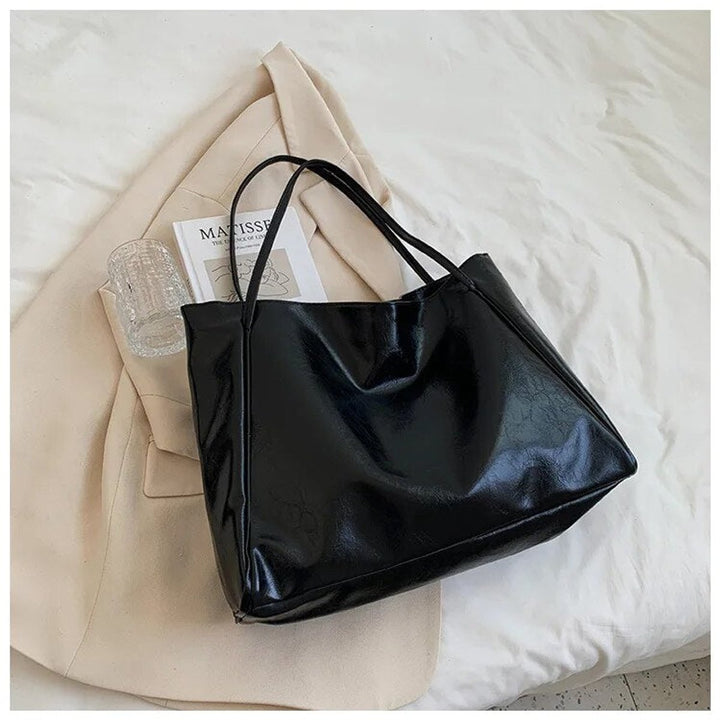 Women's Retro Large Faux Leather Shoulder Tote Bag - Black