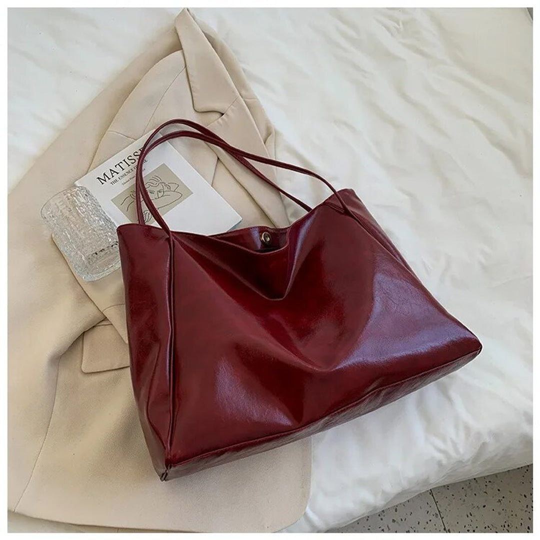 Women's Retro Large Faux Leather Shoulder Tote Bag - Red