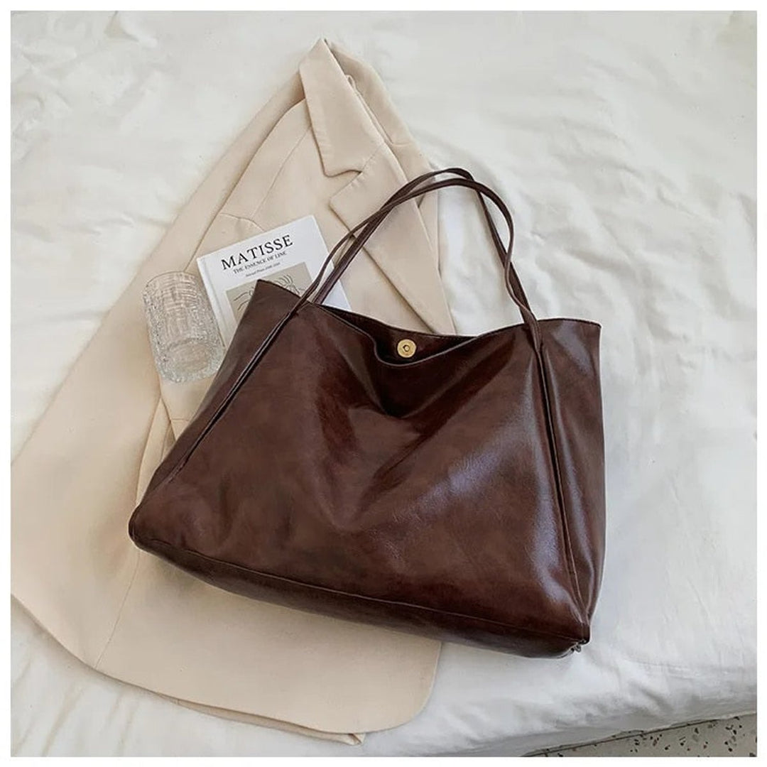 Women's Retro Large Faux Leather Shoulder Tote Bag - Coffee