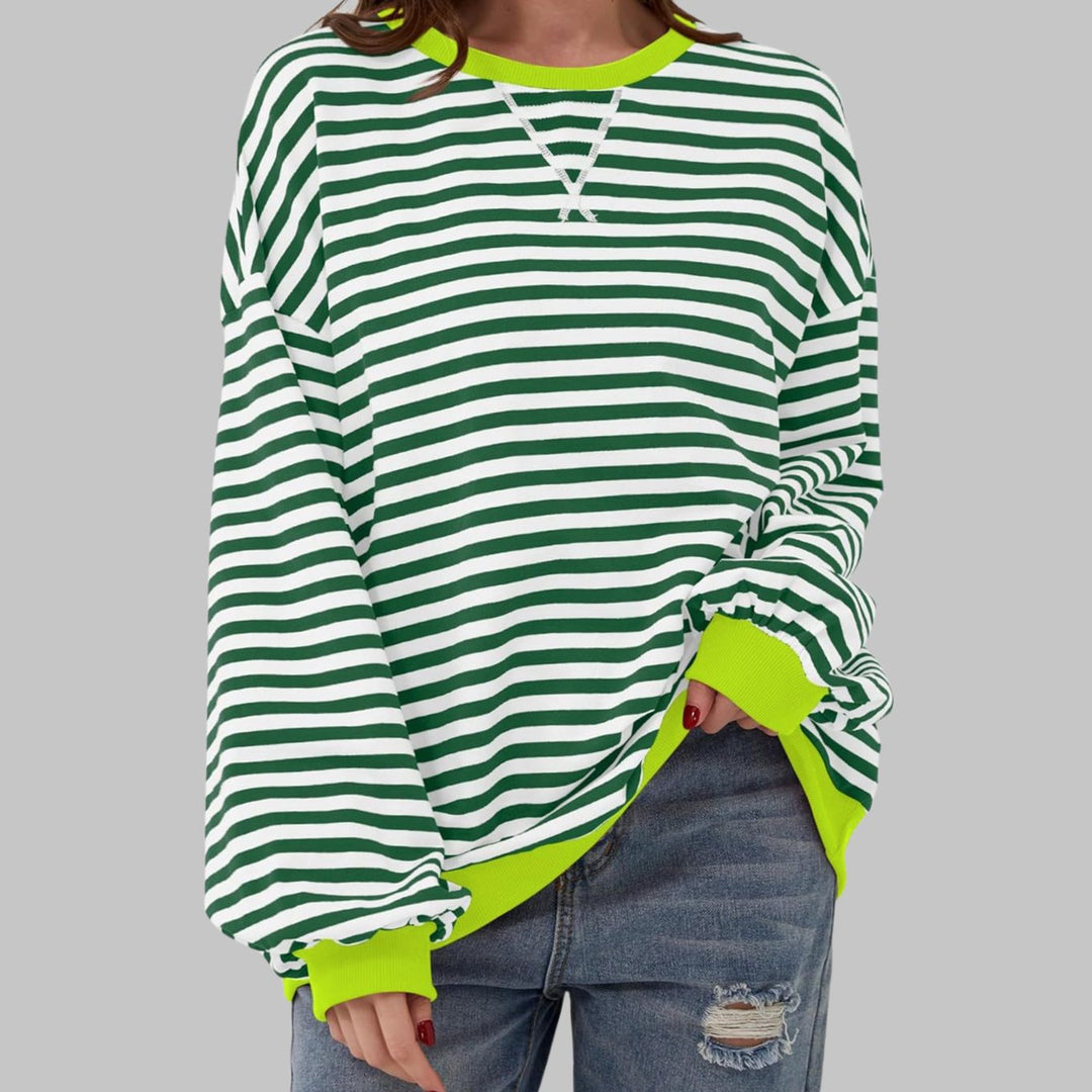 Women's Retro Striped Oversized Crew Neck Sweatshirt - Dark Green