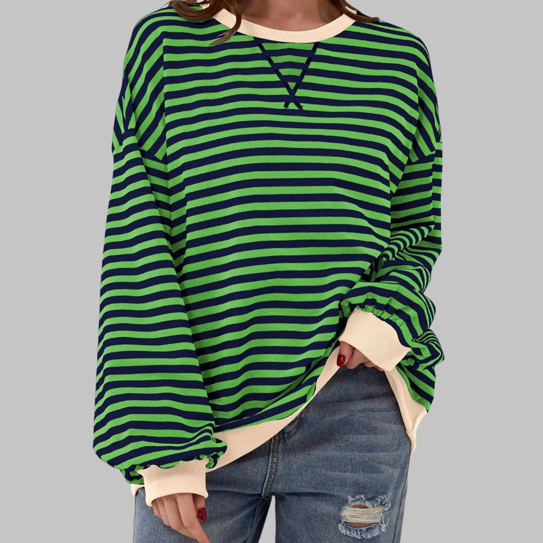 Women's Retro Striped Oversized Crew Neck Sweatshirt - Green
