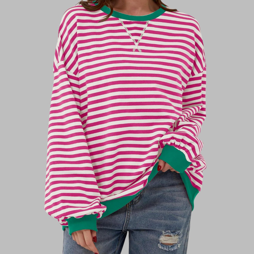 Women's Retro Striped Oversized Crew Neck Sweatshirt - Rose Red
