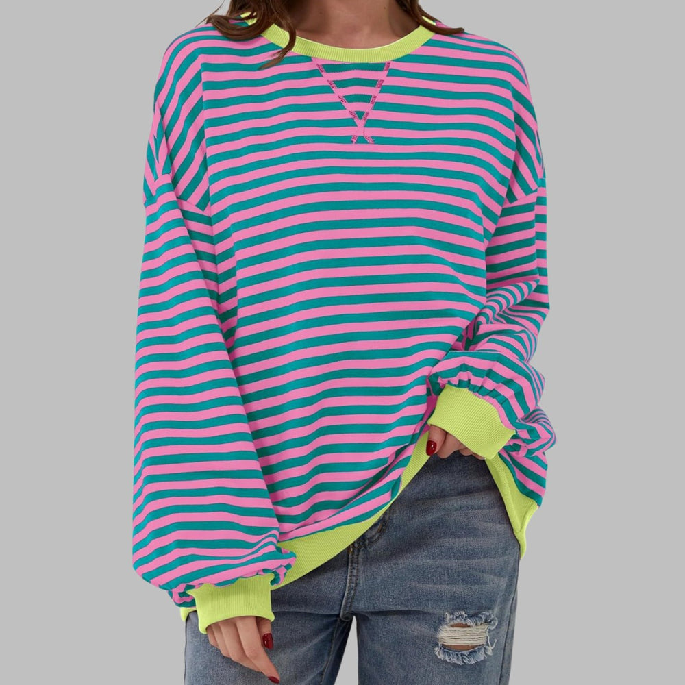 Women's Retro Striped Oversized Crew Neck Sweatshirt - Pink
