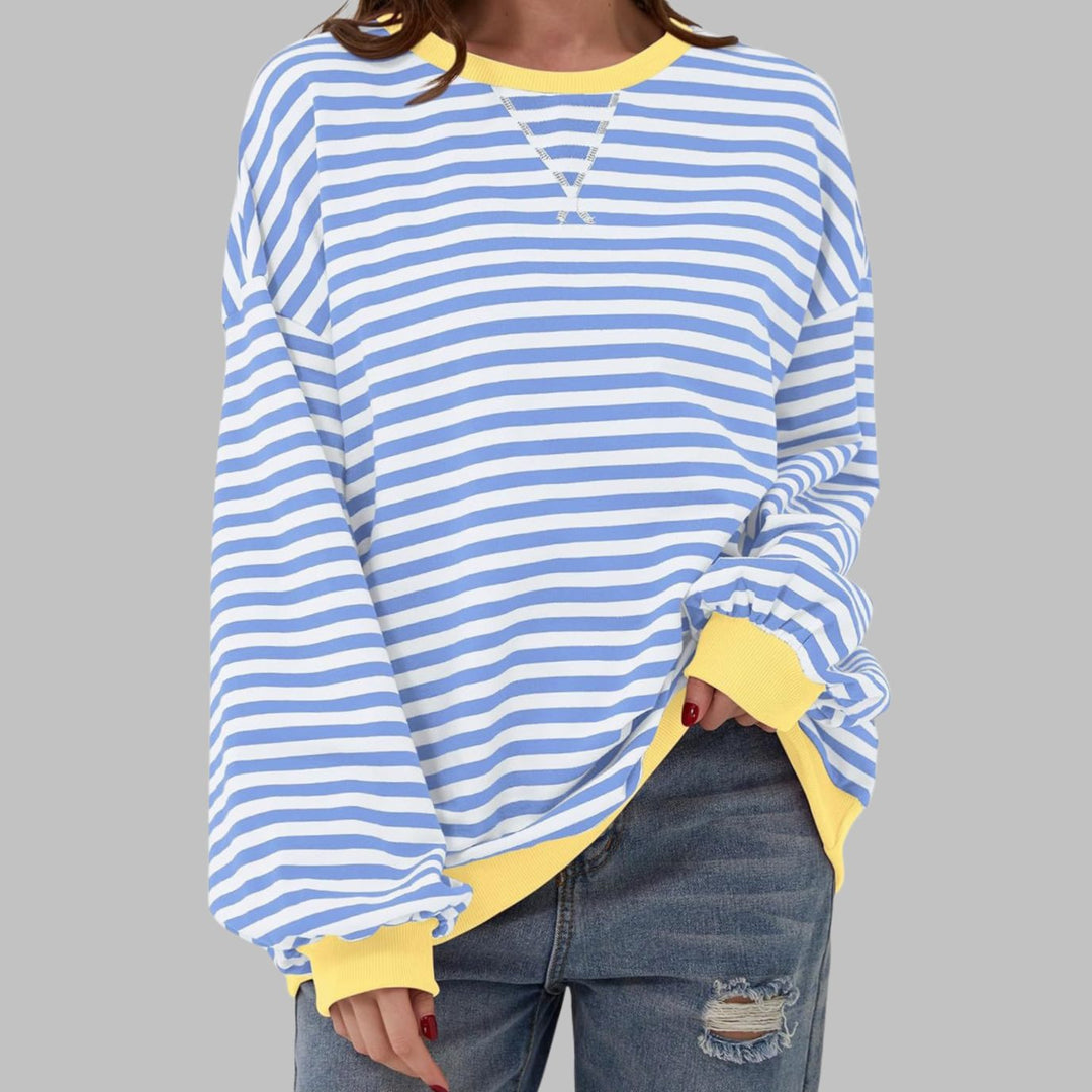 Women's Retro Striped Oversized Crew Neck Sweatshirt - Sky Blue