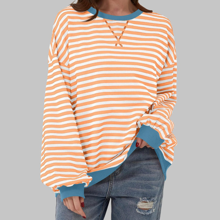 Women's Retro Striped Oversized Crew Neck Sweatshirt - Orange