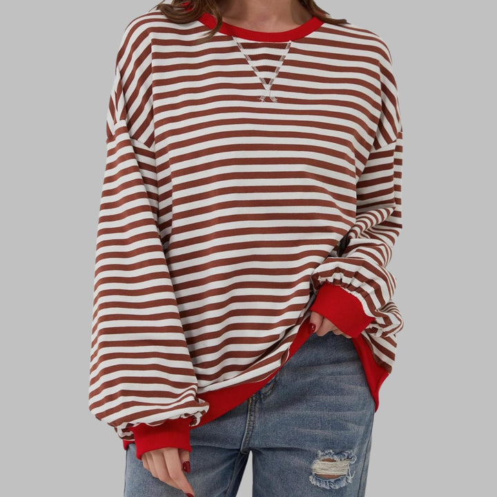 Women's Retro Striped Oversized Crew Neck Sweatshirt - Red