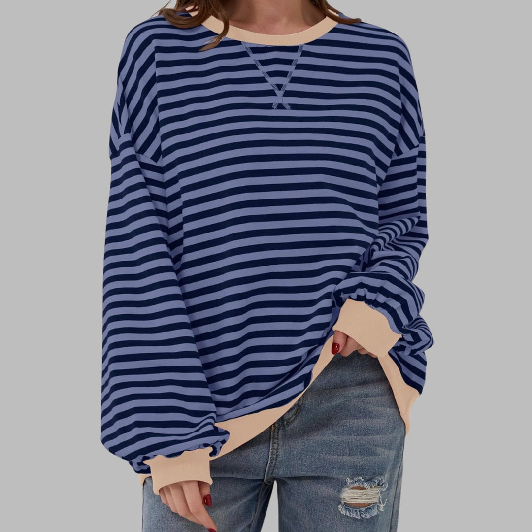 Women's Retro Striped Oversized Crew Neck Sweatshirt - Blue