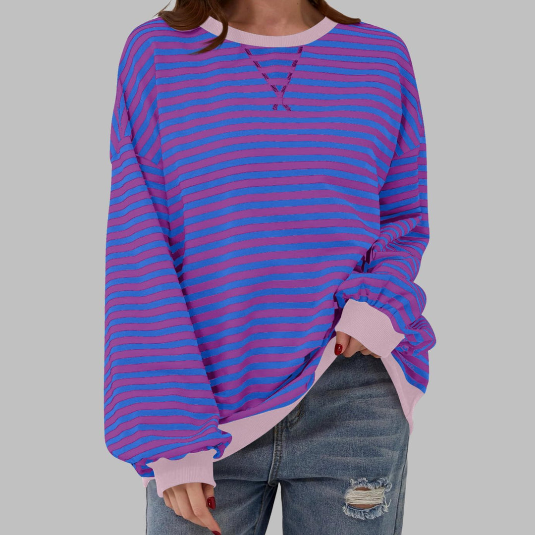 Women's Retro Striped Oversized Crew Neck Sweatshirt - Purple