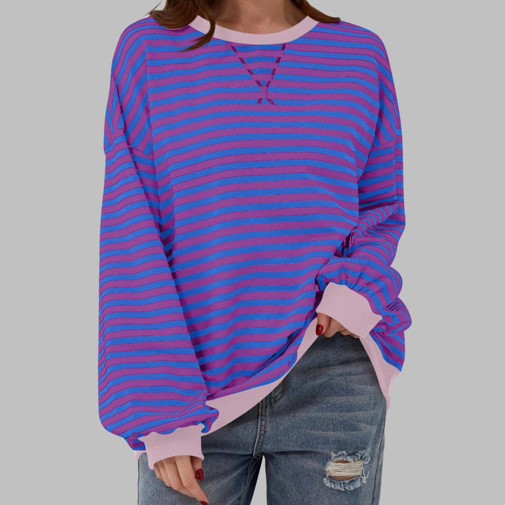 Women's Retro Striped Oversized Crew Neck Sweatshirt - Purple