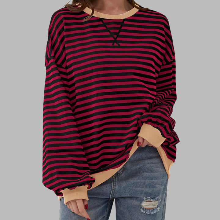 Women's Retro Striped Oversized Crew Neck Sweatshirt - Burgundy