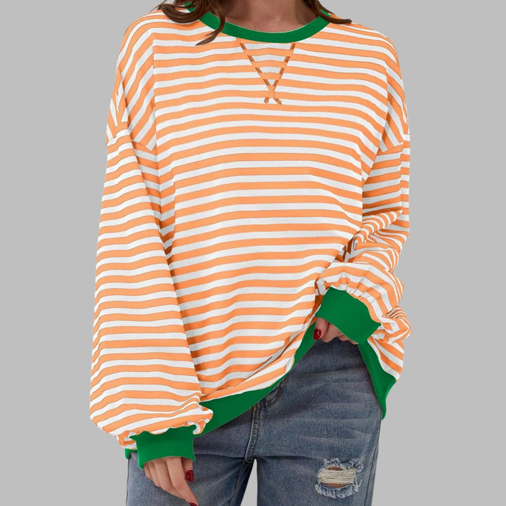 Women's Retro Striped Oversized Crew Neck Sweatshirt - Light Orange