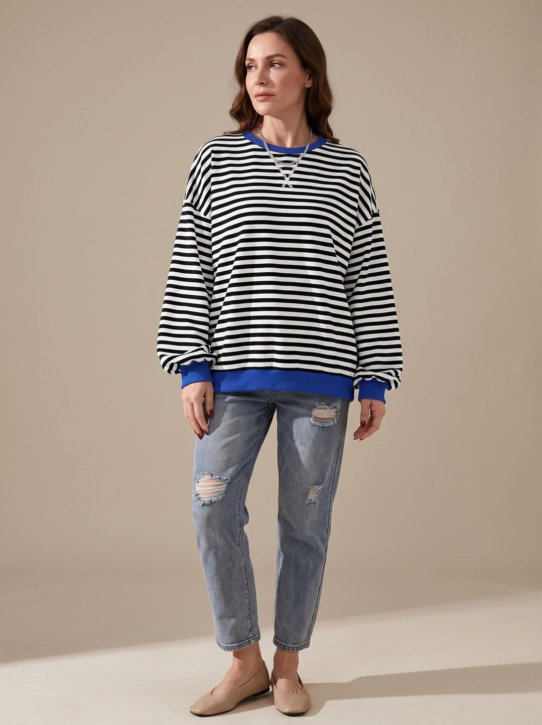 Women's Retro Striped Oversized Crew Neck Sweatshirt, Black - Black