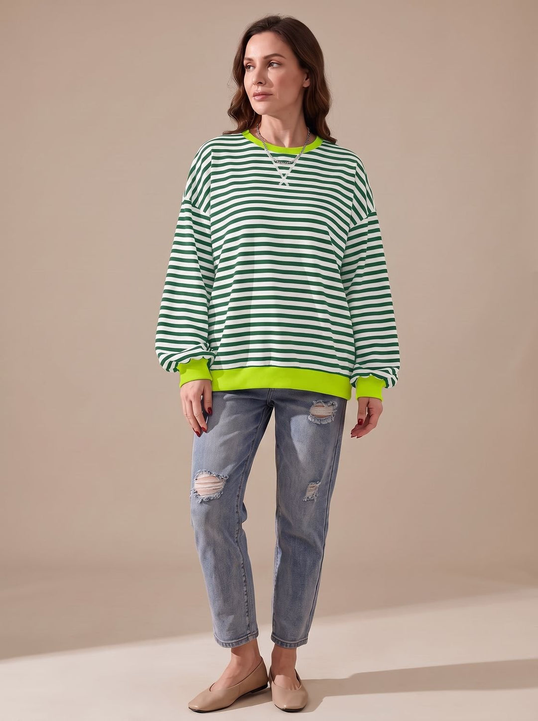 Women's Retro Striped Oversized Crew Neck Sweatshirt, Black - Dark Green