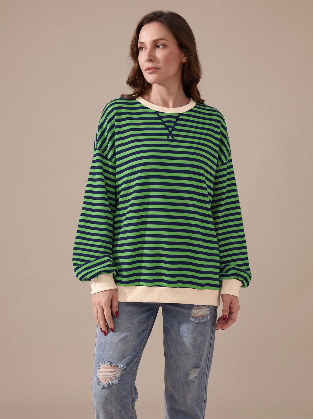 Women's Retro Striped Oversized Crew Neck Sweatshirt, Black - Green