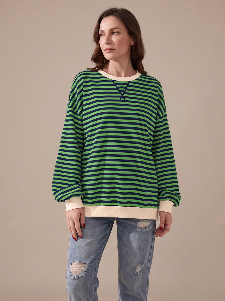 Women's Retro Striped Oversized Crew Neck Sweatshirt, Black - Green