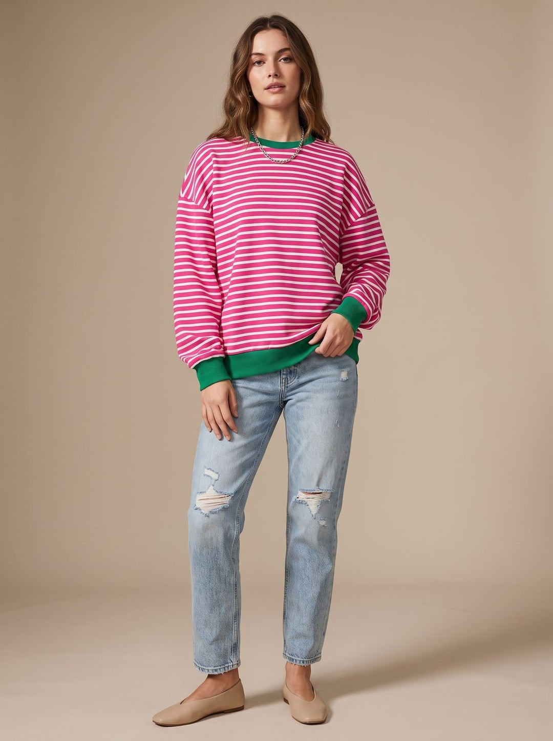 Women's Retro Striped Oversized Crew Neck Sweatshirt, Black - Rose Red