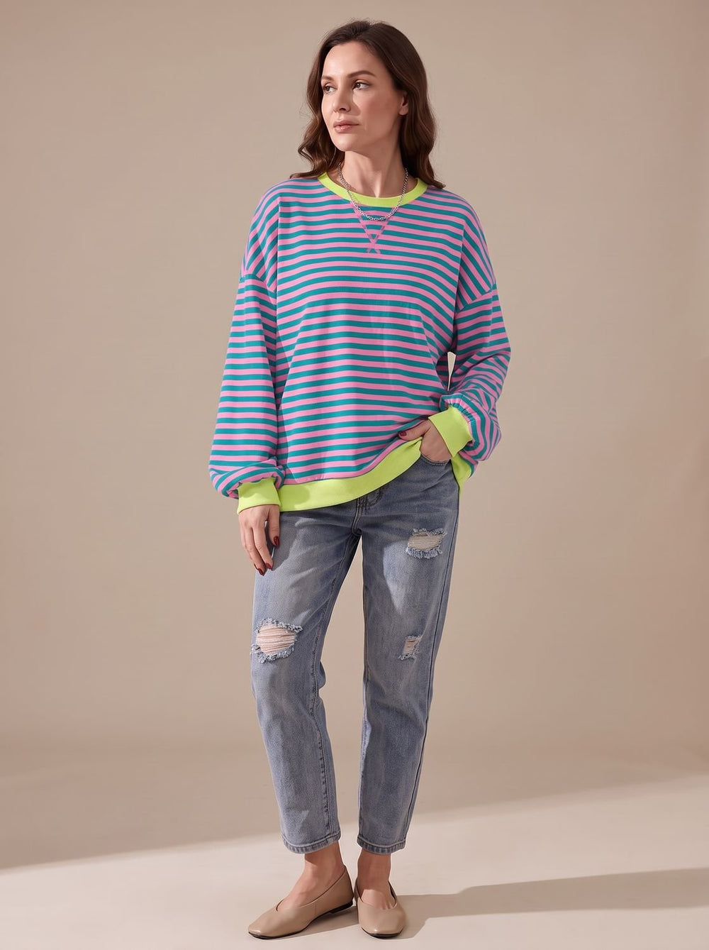 Women's Retro Striped Oversized Crew Neck Sweatshirt, Black - Pink