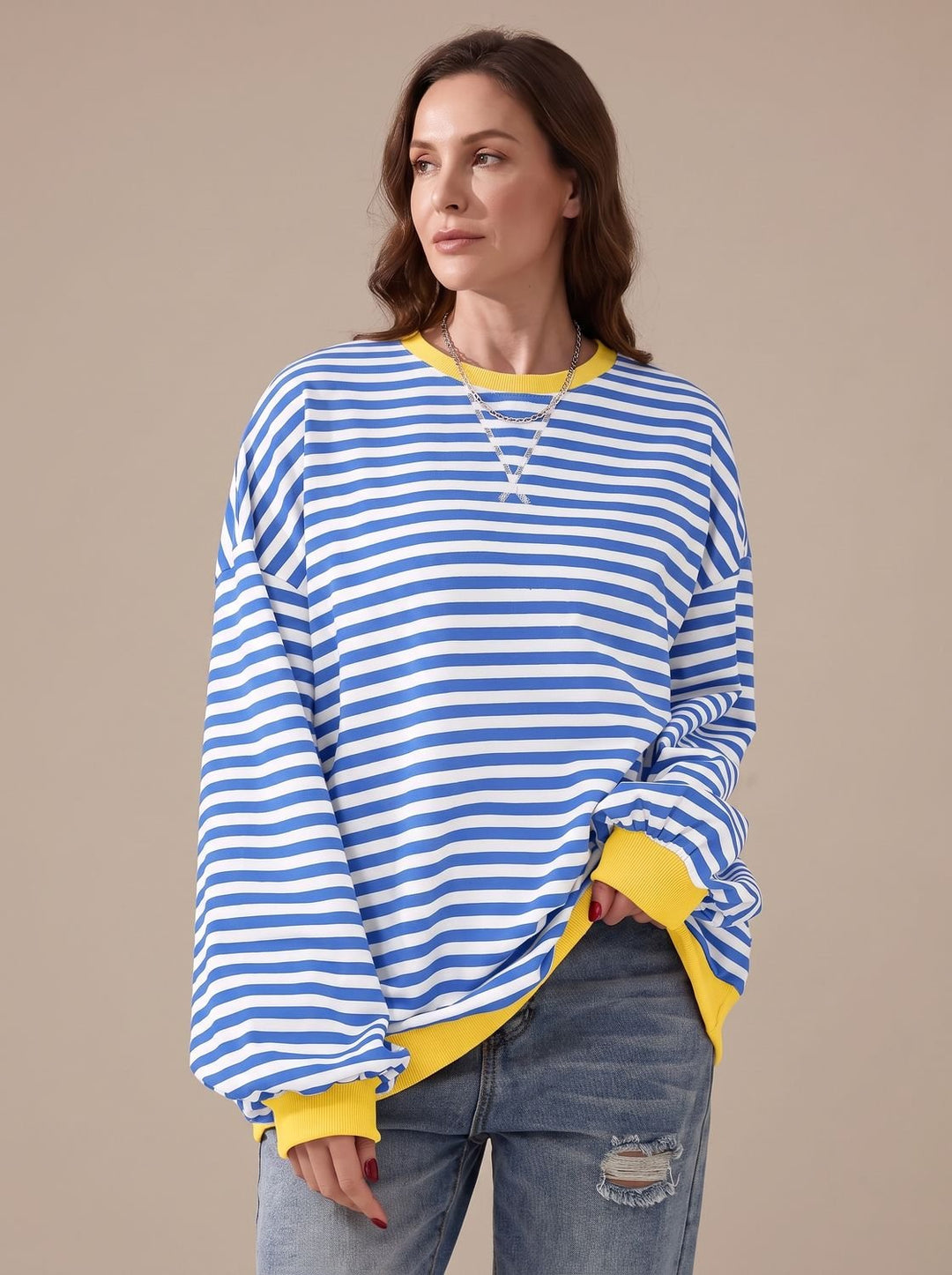 Women's Retro Striped Oversized Crew Neck Sweatshirt, Black - Sky Blue