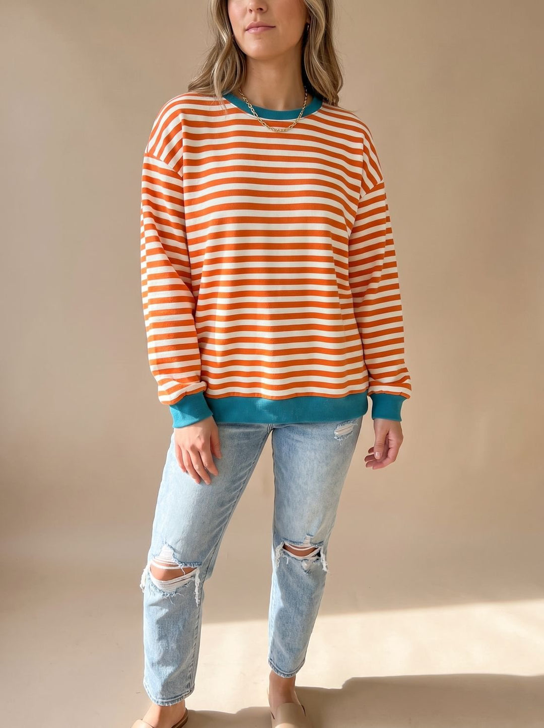 Women's Retro Striped Oversized Crew Neck Sweatshirt, Black - Orange