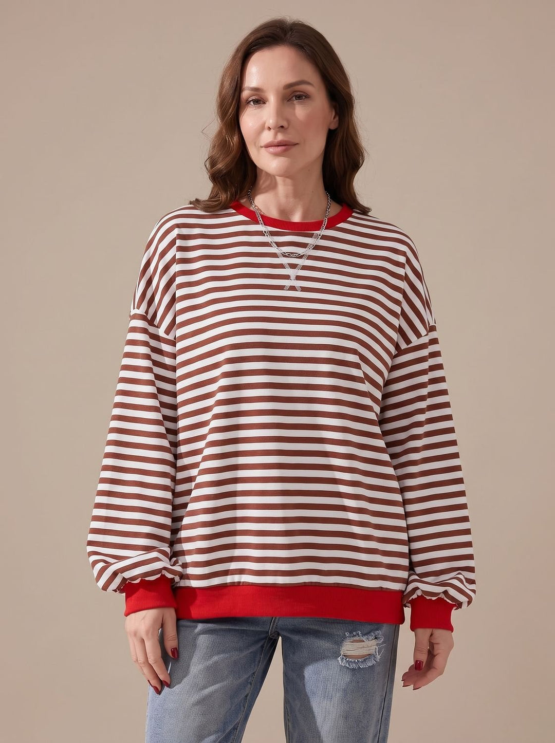 Women's Retro Striped Oversized Crew Neck Sweatshirt, Black - Red