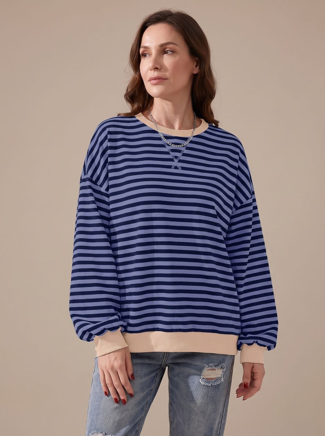 Women's Retro Striped Oversized Crew Neck Sweatshirt, Black - Blue