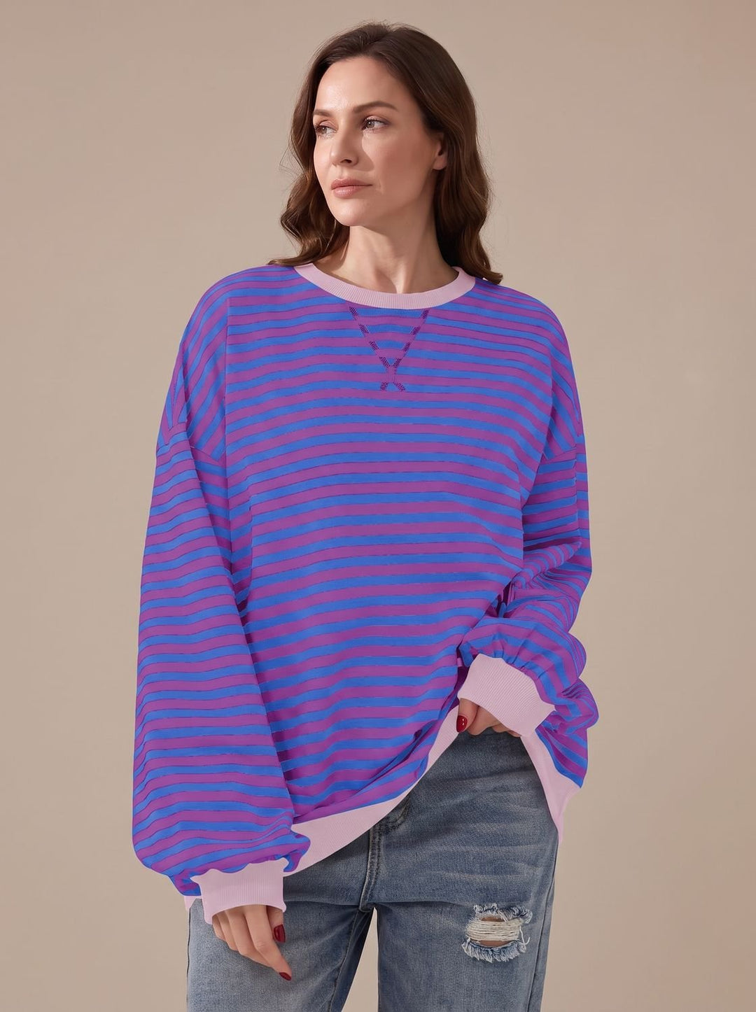 Women's Retro Striped Oversized Crew Neck Sweatshirt, Black - Purple