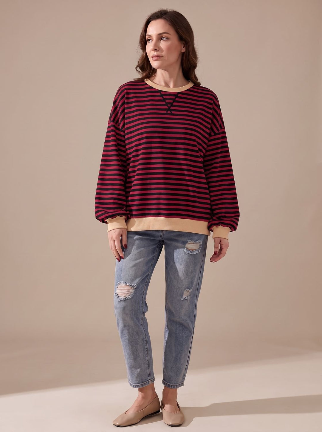 Women's Retro Striped Oversized Crew Neck Sweatshirt, Black - Burgundy