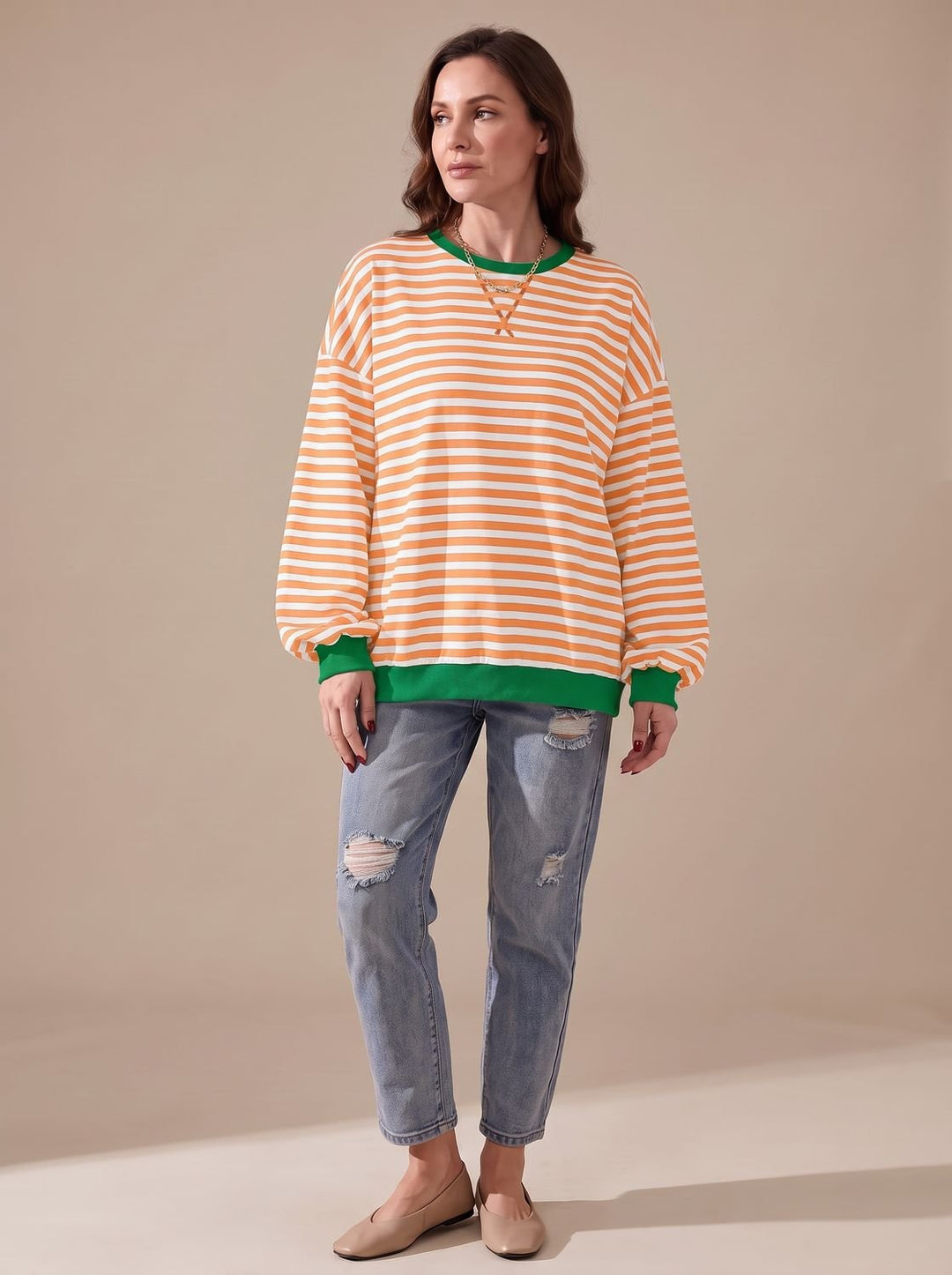 Women's Retro Striped Oversized Crew Neck Sweatshirt, Black - Light Orange