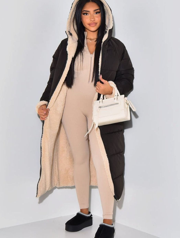 Women's Reversible Quilted Longline Hooded Puffer Coat - Black